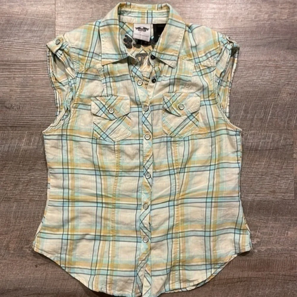 Harley Davidson capped sleeve white/blue/orange plaid embroidered logo top XS - Picture 9 of 13